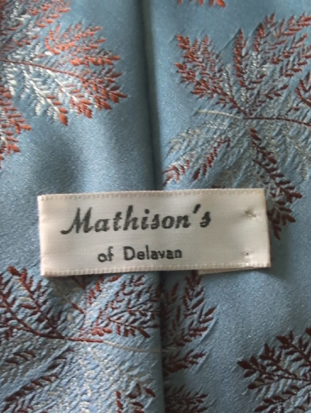 70s Vintage Blue Brown Embroidered Leaf Design Men's Tie